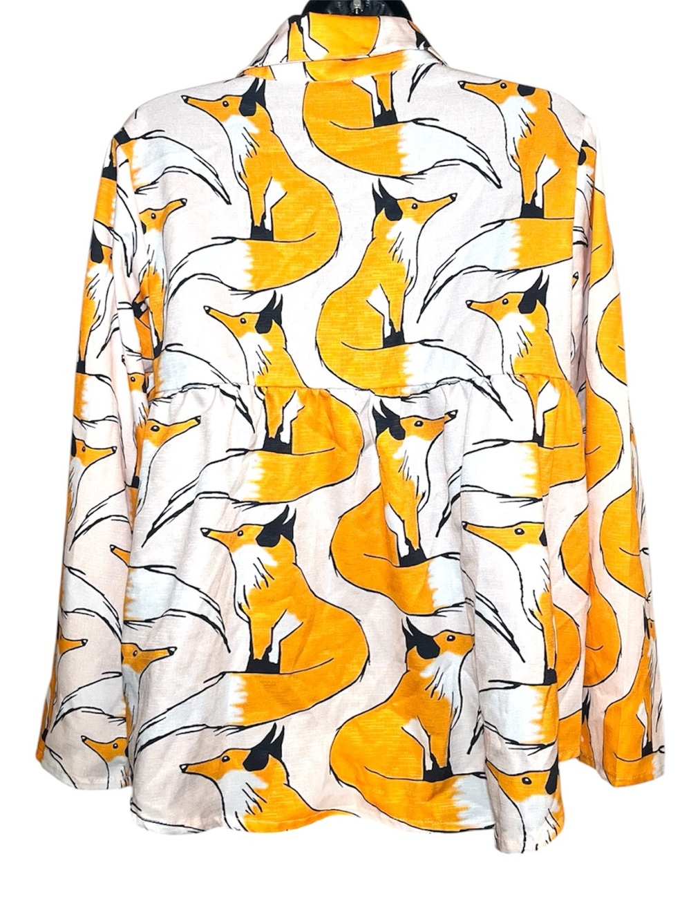 White & Yellow/Orange Fox Print Button-Up Collared Long Sleeve Shirt - Picture 2 of 2